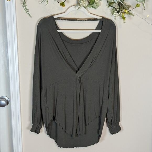Free People Shimmy Shake Army Green Open Back Twist Lace Trim Long Sleeve Top - Picture 3 of 13